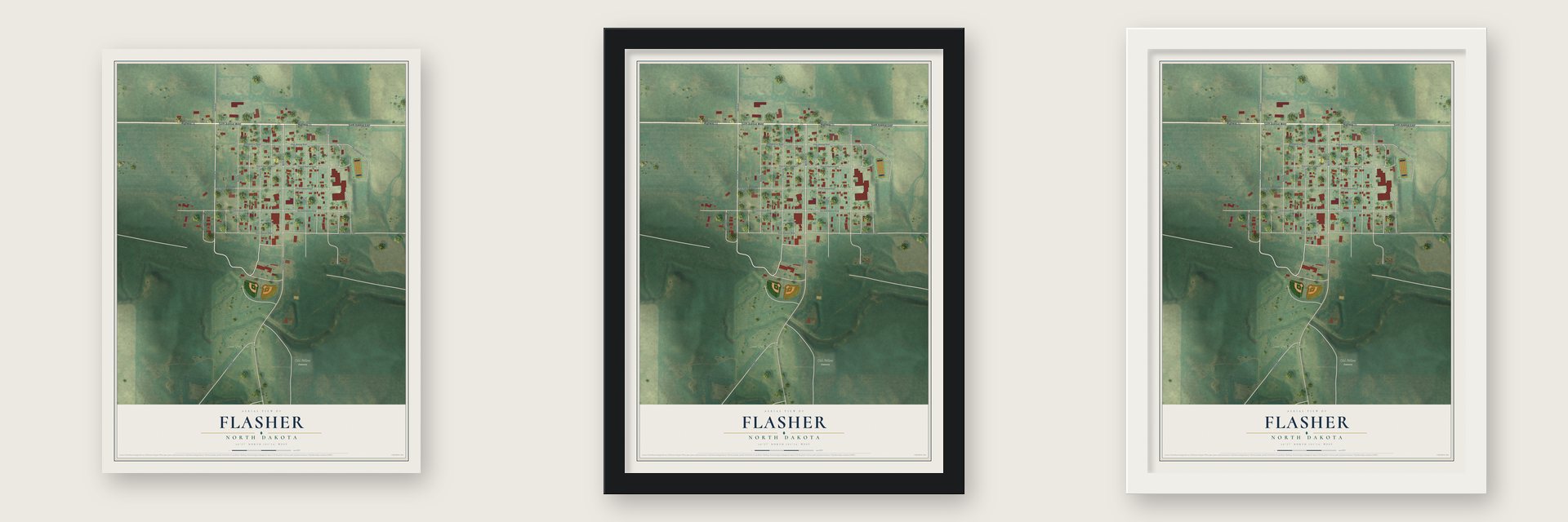Flasher, North Dakota map unframed, in a black wood frame and in a white wood frame