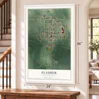 Flasher, North Dakota map, 24 x 36 inch print in a white frame by a staircase
