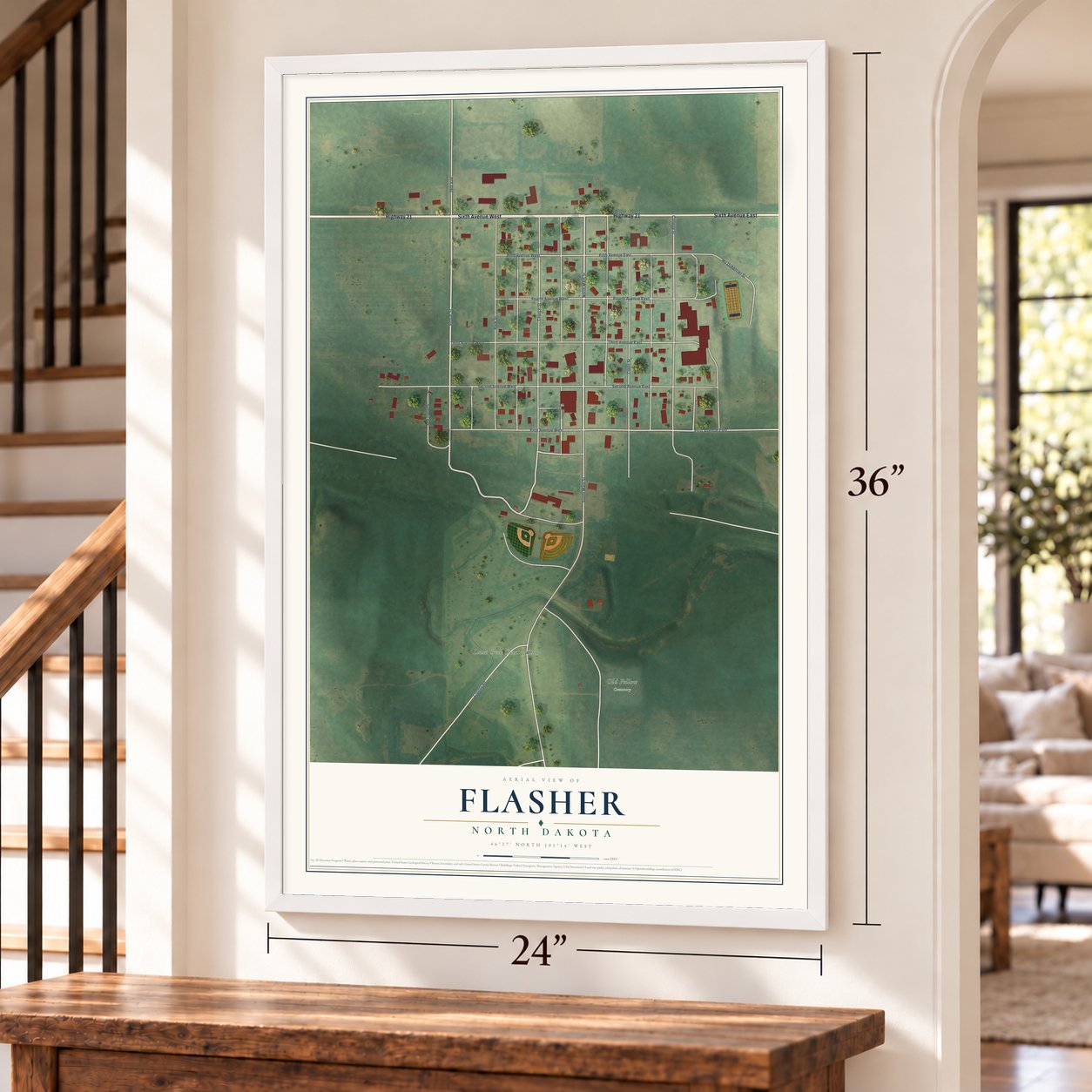 Flasher, North Dakota map, 24 x 36 inch print in a white frame by a staircase