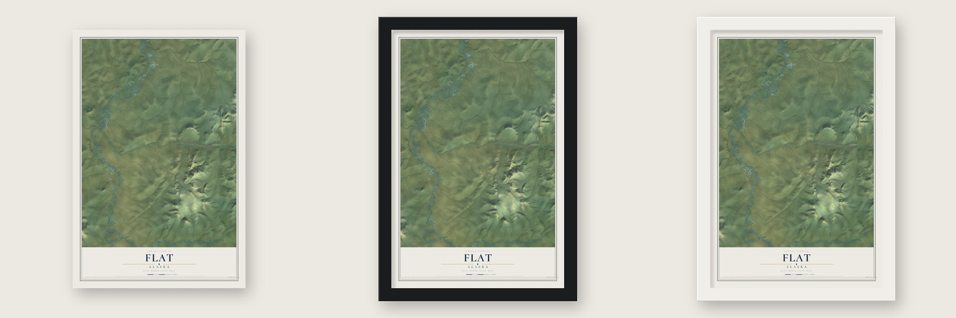Flat, Alaska map unframed, in a black wood frame and in a white wood frame