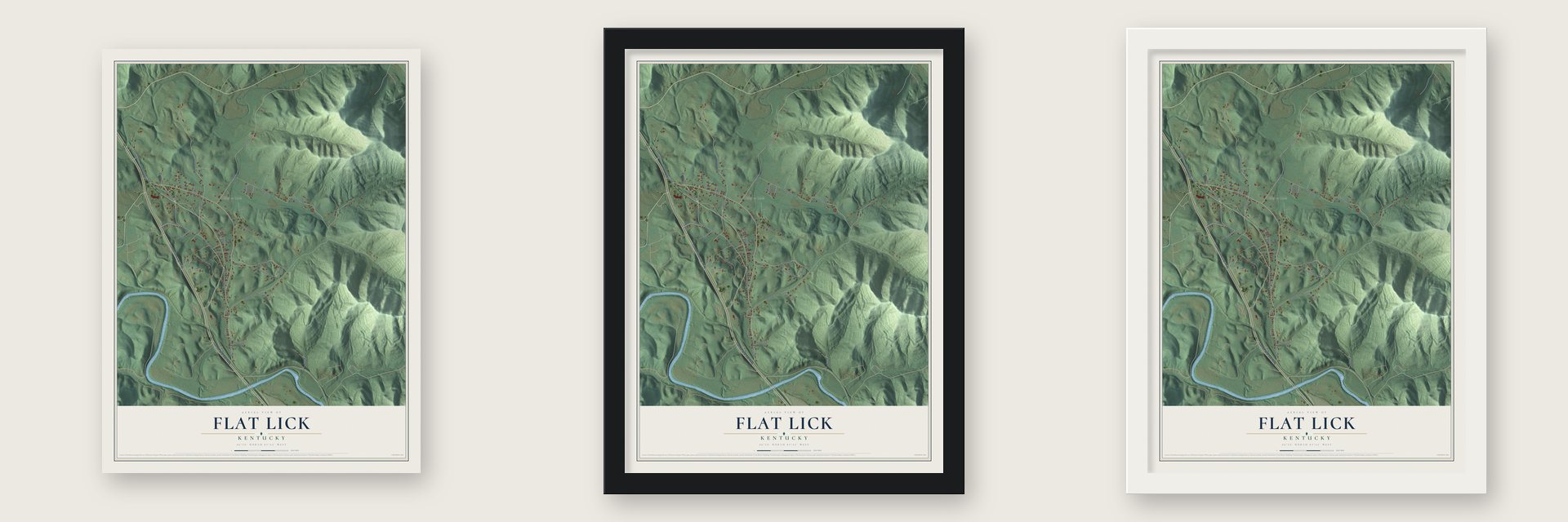 Flat Lick, Kentucky map unframed, in a black wood frame and in a white wood frame