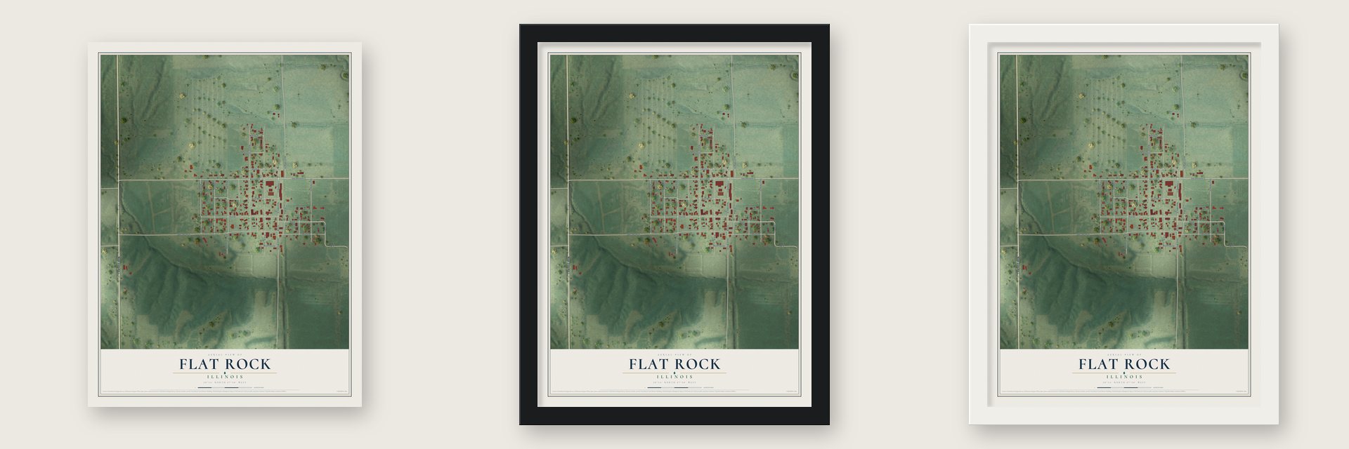Flat Rock, Illinois map unframed, in a black wood frame and in a white wood frame