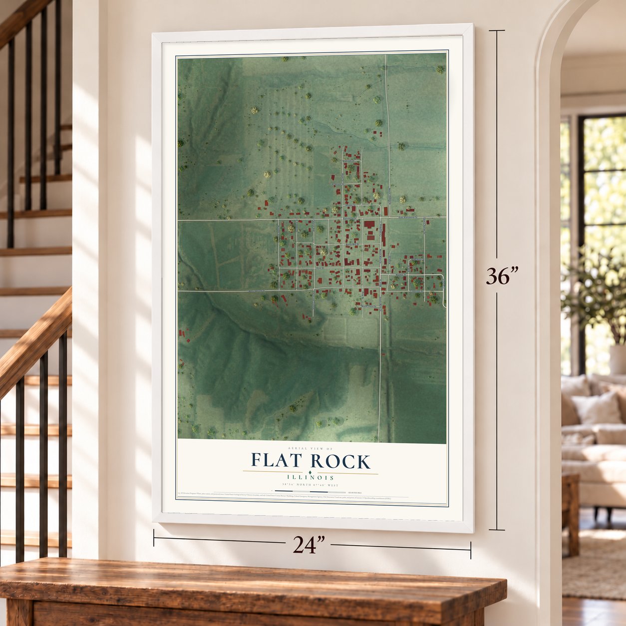 Flat Rock, Illinois map, 24 x 36 inch print in a white frame by a staircase