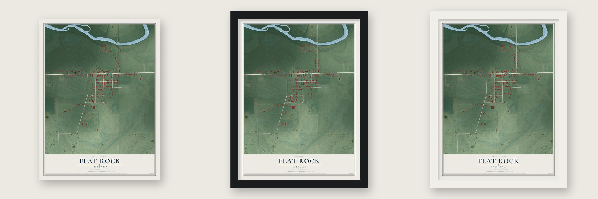 Flat Rock, Indiana map unframed, in a black wood frame and in a white wood frame