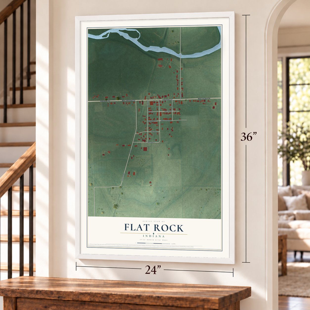 Flat Rock, Indiana map, 24 x 36 inch print in a white frame by a staircase