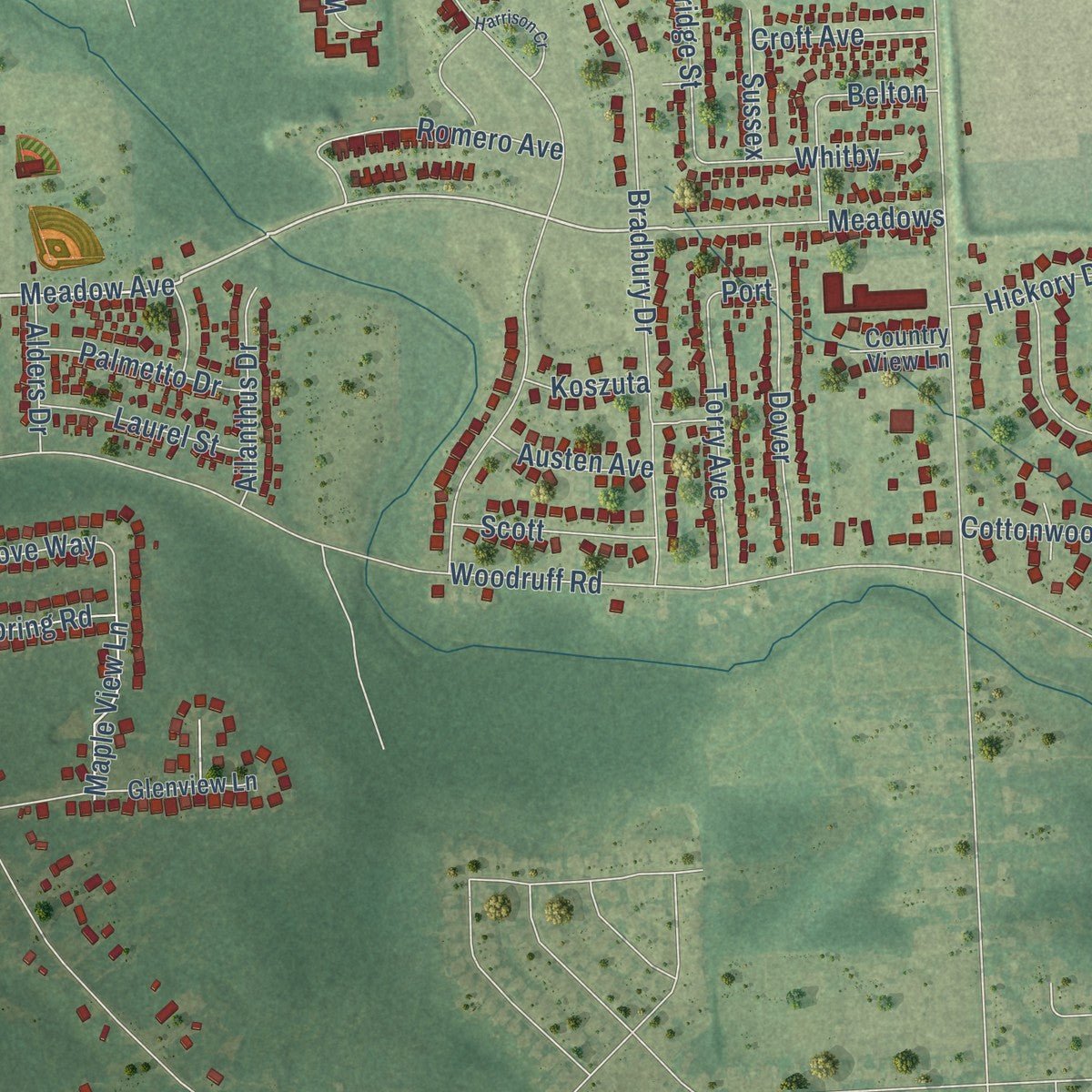 Second close-up of the map of Flat Rock, Michigan print showing more streets and buildings