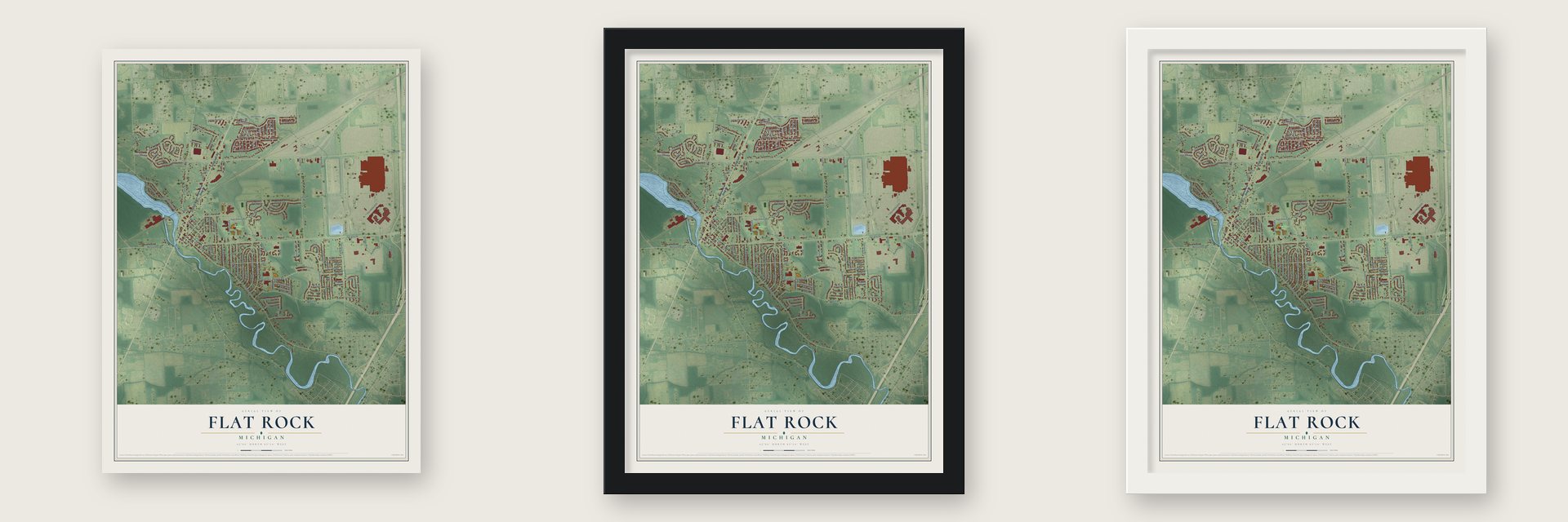 Flat Rock, Michigan map unframed, in a black wood frame and in a white wood frame