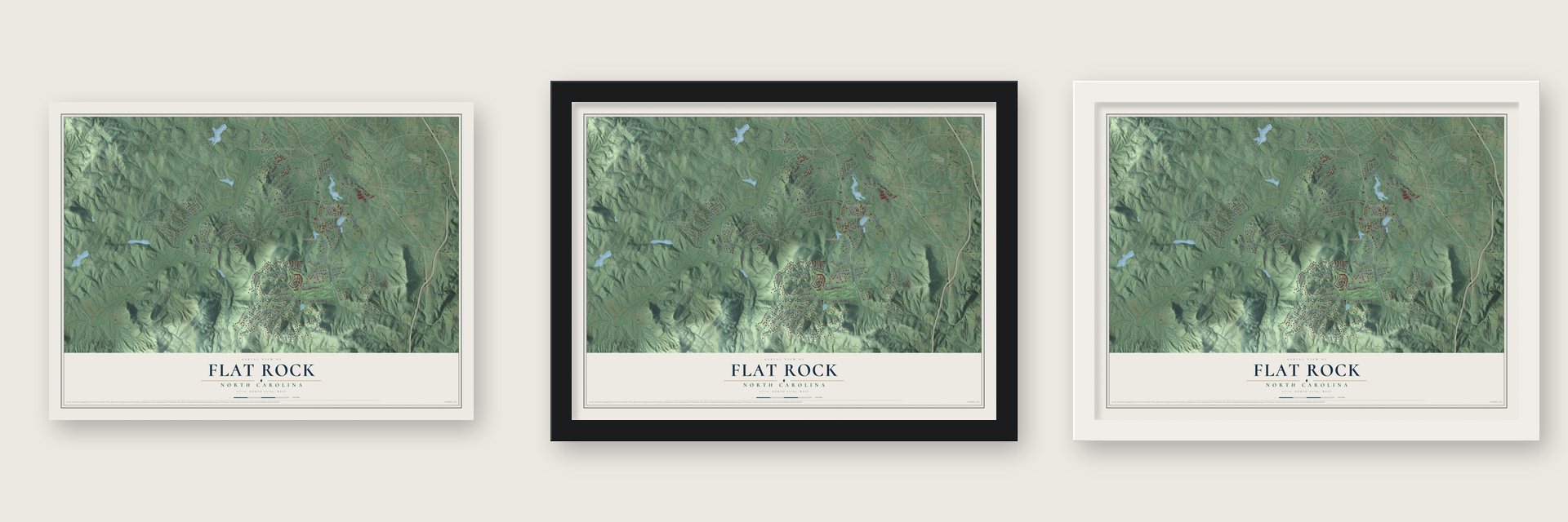 Flat Rock, North Carolina map unframed, in a black wood frame and in a white wood frame