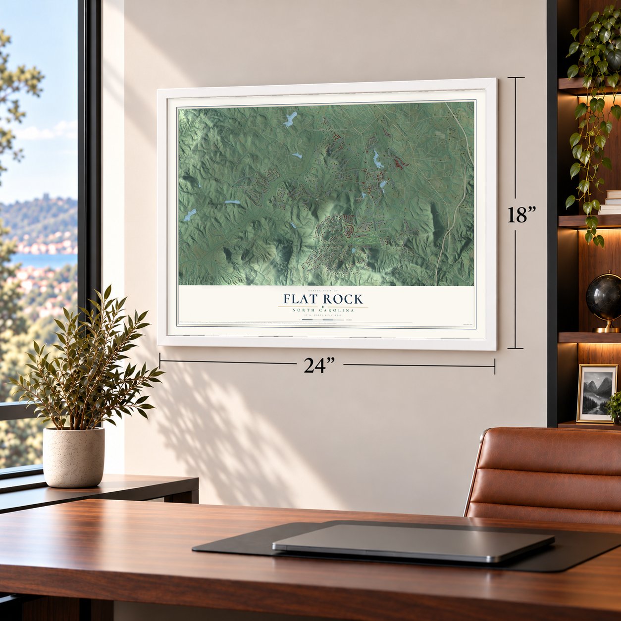 Flat Rock, North Carolina map, 18 x 24 inch print in a white frame in a home office
