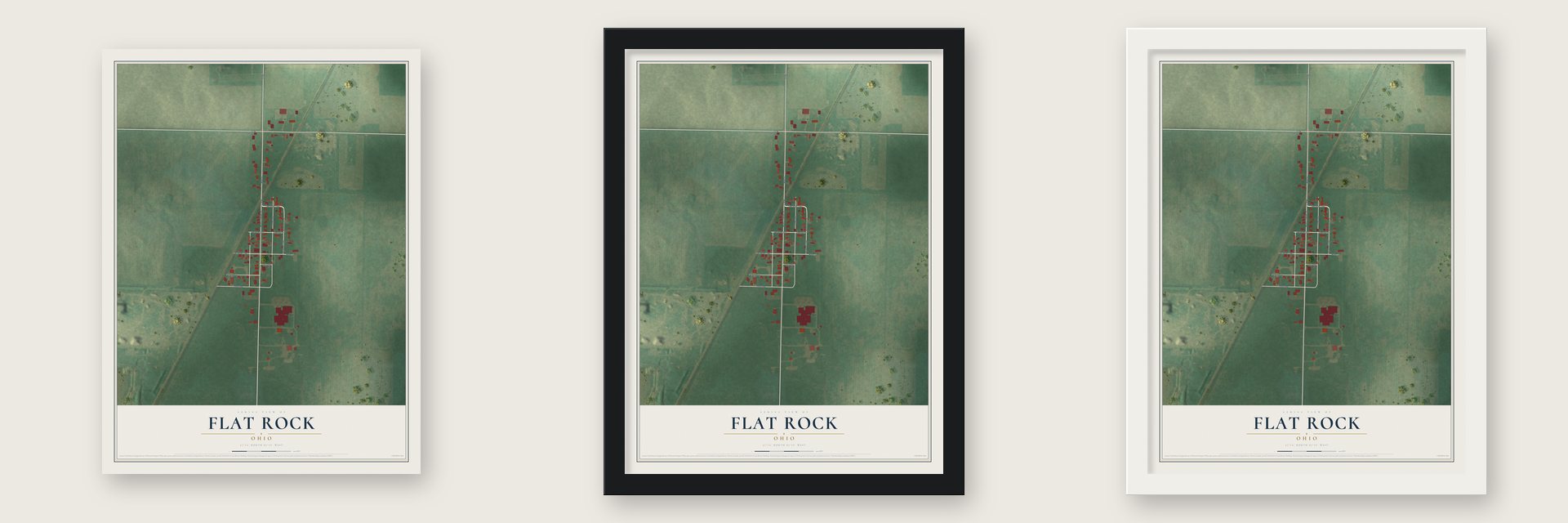 Flat Rock, Ohio map unframed, in a black wood frame and in a white wood frame