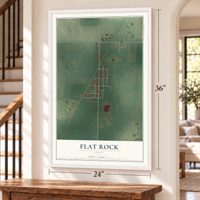 Flat Rock, Ohio map, 24 x 36 inch print in a white frame by a staircase