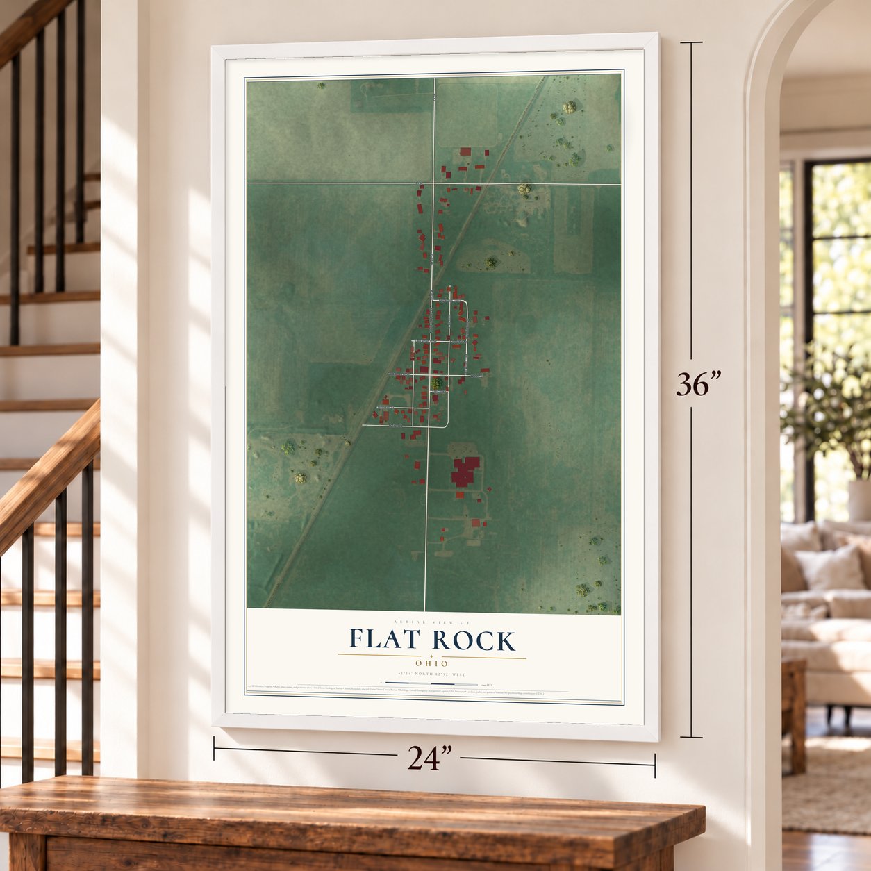 Flat Rock, Ohio map, 24 x 36 inch print in a white frame by a staircase