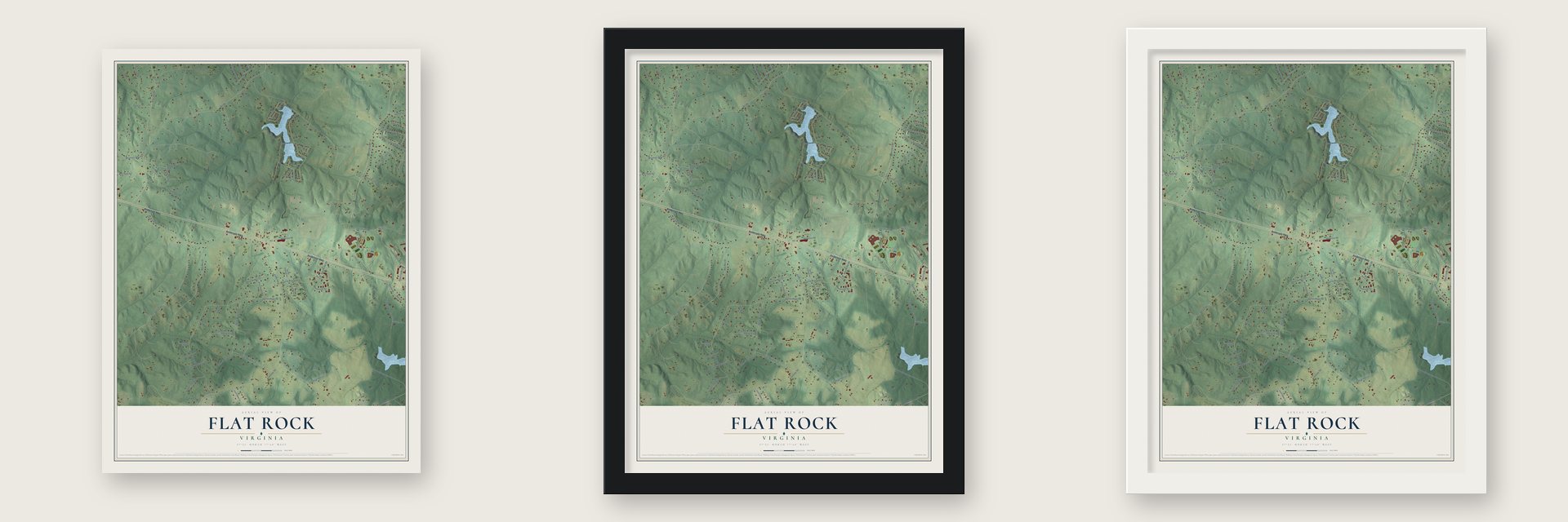 Flat Rock, Virginia map unframed, in a black wood frame and in a white wood frame