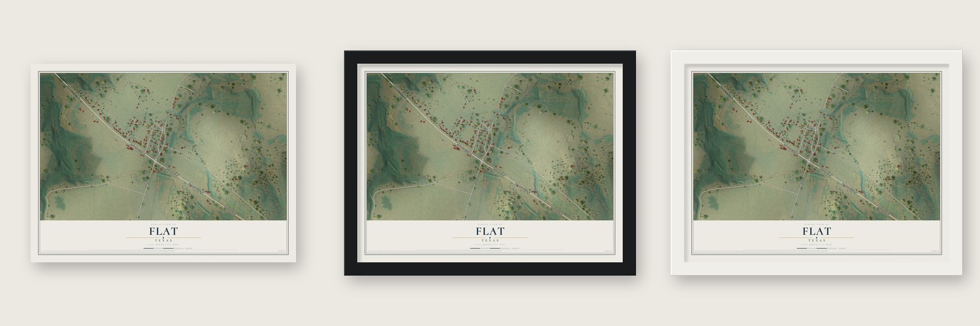 Flat, Texas map unframed, in a black wood frame and in a white wood frame