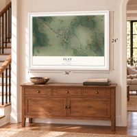 Flat, Texas map, 24 x 36 inch print in a white frame above a dresser by a staircase