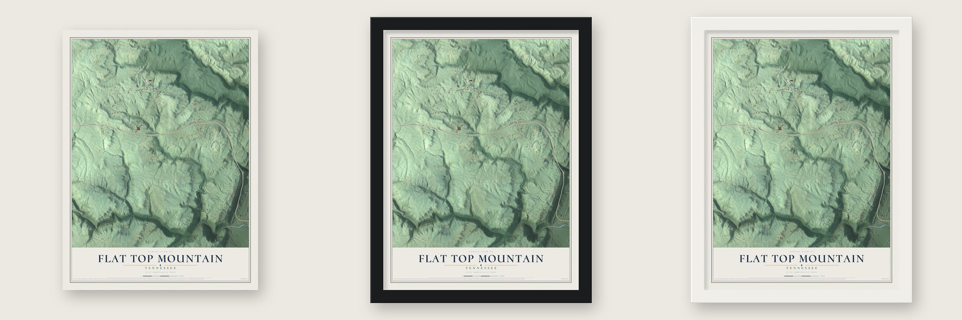 Flat Top Mountain, Tennessee map unframed, in a black wood frame and in a white wood frame