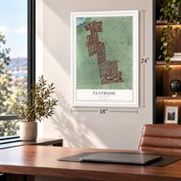 Flatbush, New York map, 18 x 24 inch print in a white frame in a home office