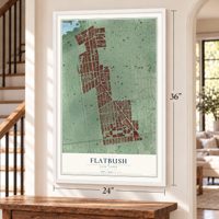 Flatbush, New York map, 24 x 36 inch print in a white frame by a staircase
