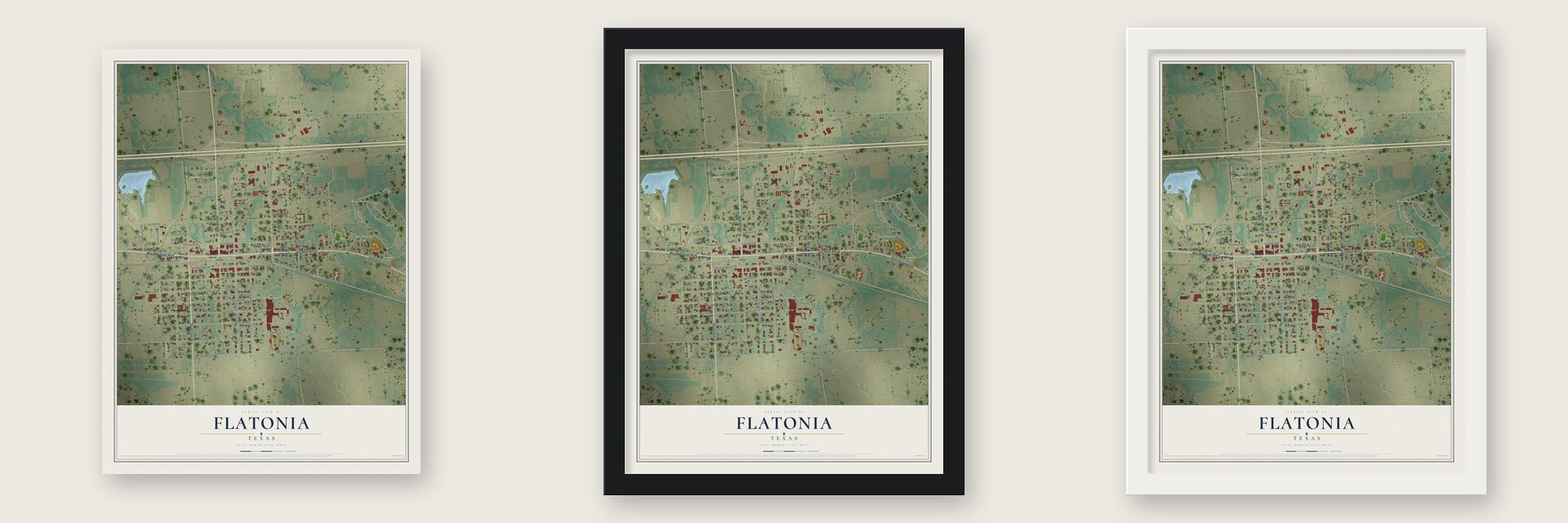 Flatonia, Texas map unframed, in a black wood frame and in a white wood frame