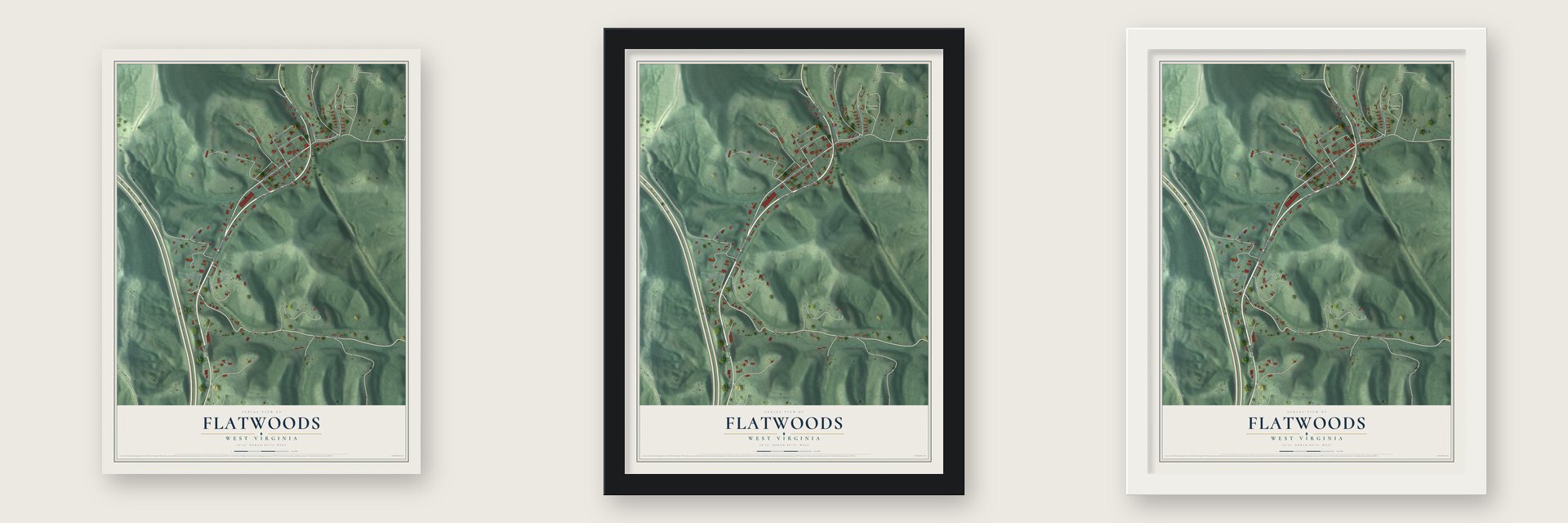 Flatwoods, West Virginia map unframed, in a black wood frame and in a white wood frame