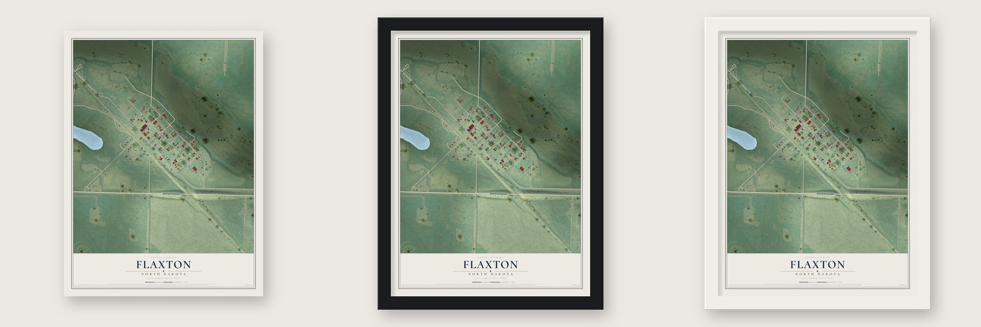 Flaxton, North Dakota map unframed, in a black wood frame and in a white wood frame