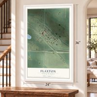 Flaxton, North Dakota map, 24 x 36 inch print in a white frame by a staircase