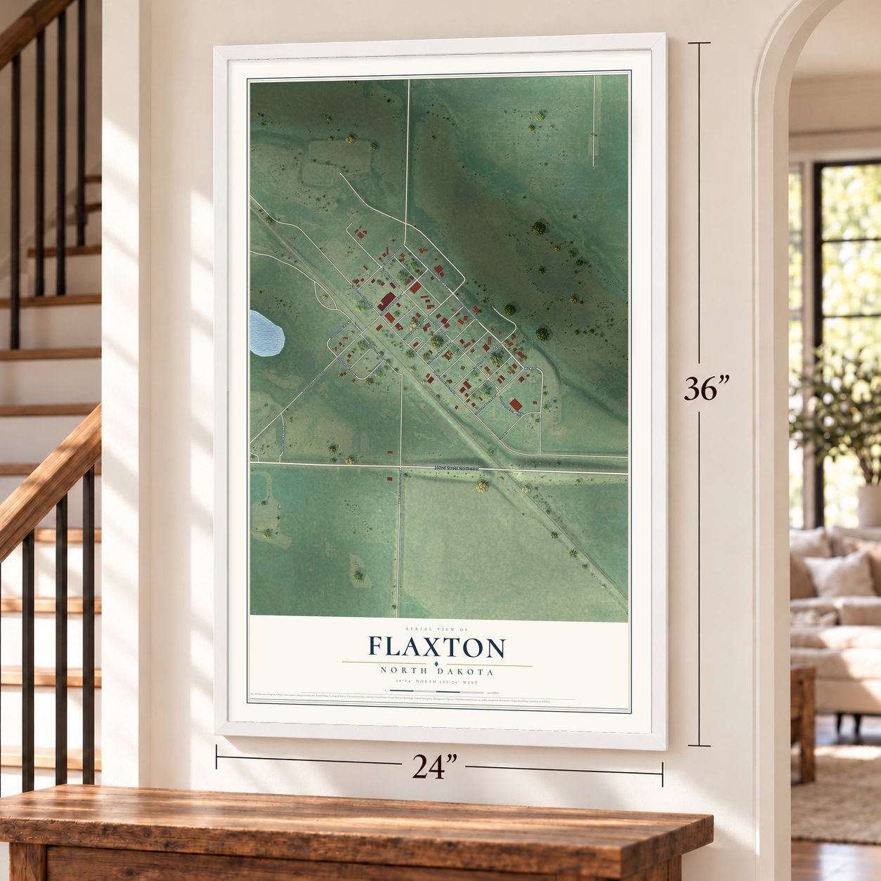 Flaxton, North Dakota map, 24 x 36 inch print in a white frame by a staircase