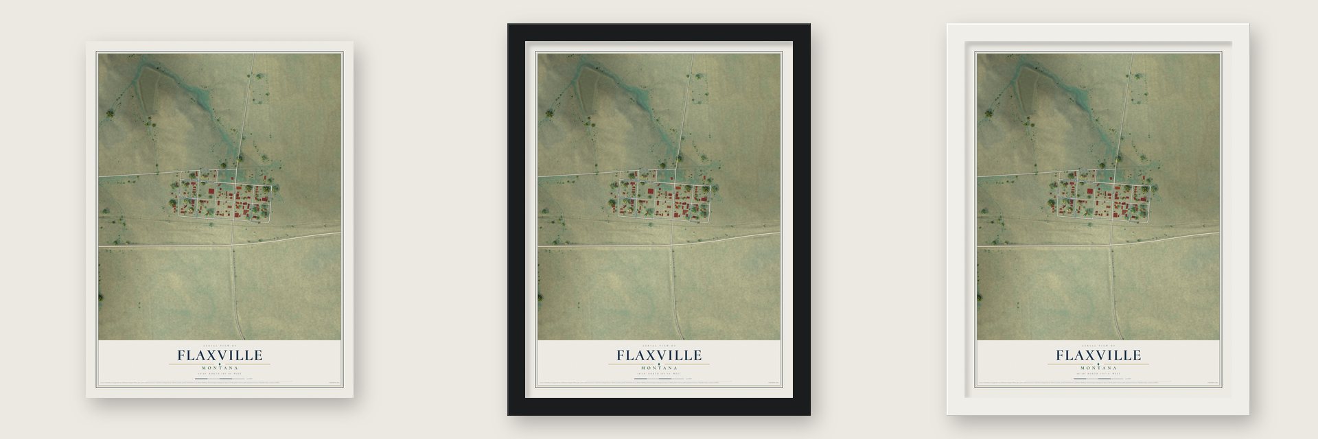 Flaxville, Montana map unframed, in a black wood frame and in a white wood frame