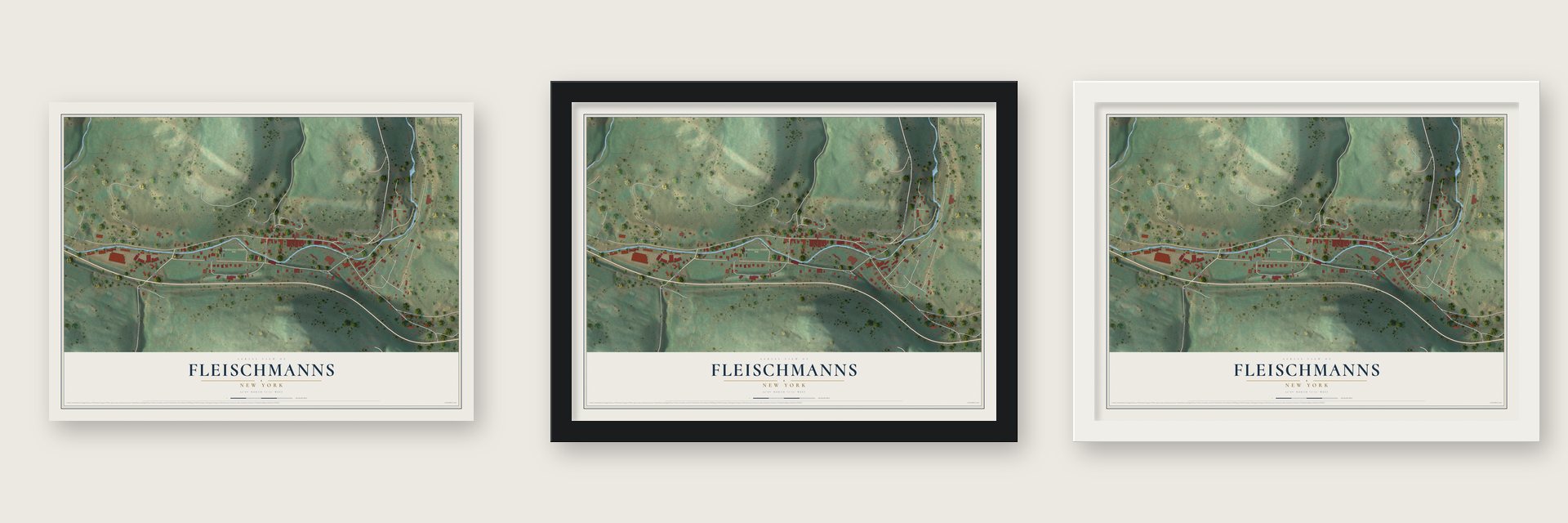 Fleischmanns, New York map unframed, in a black wood frame and in a white wood frame