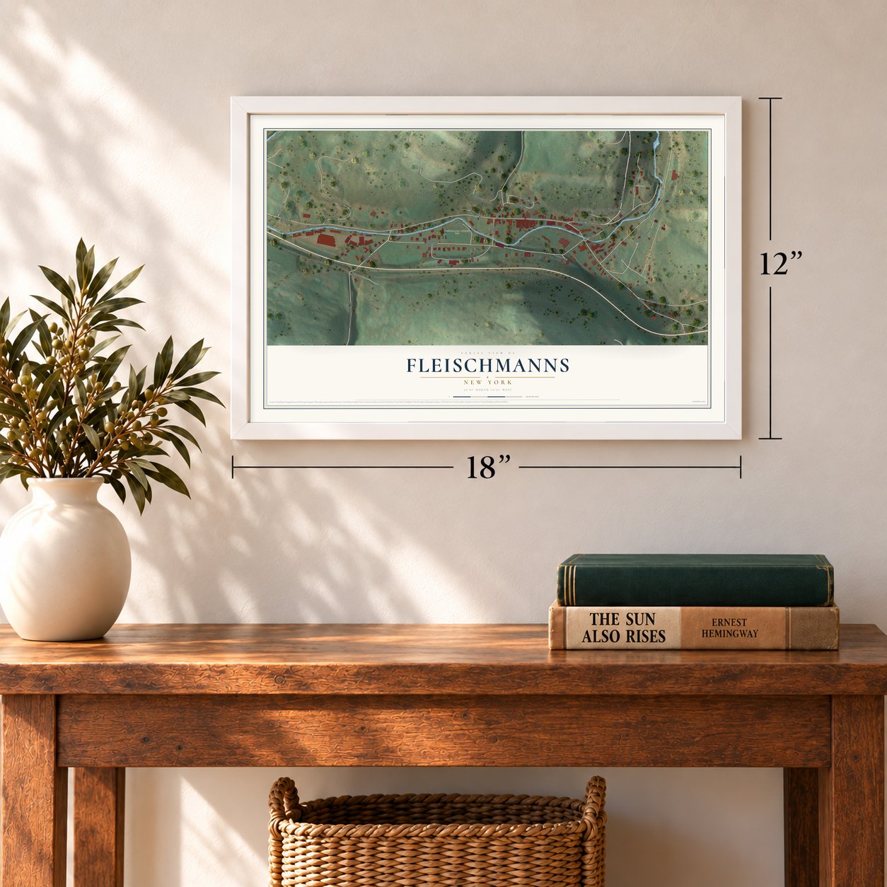 Fleischmanns, New York map, 12 x 18 inch print in a white frame in an entryway