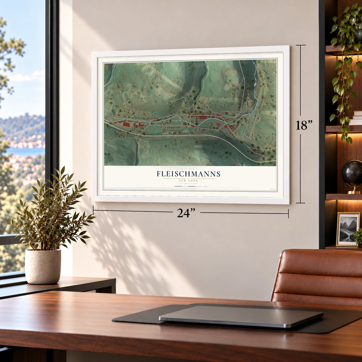 Fleischmanns, New York map, 18 x 24 inch print in a white frame in a home office