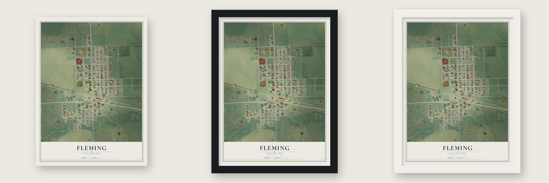 Fleming, Colorado map unframed, in a black wood frame and in a white wood frame