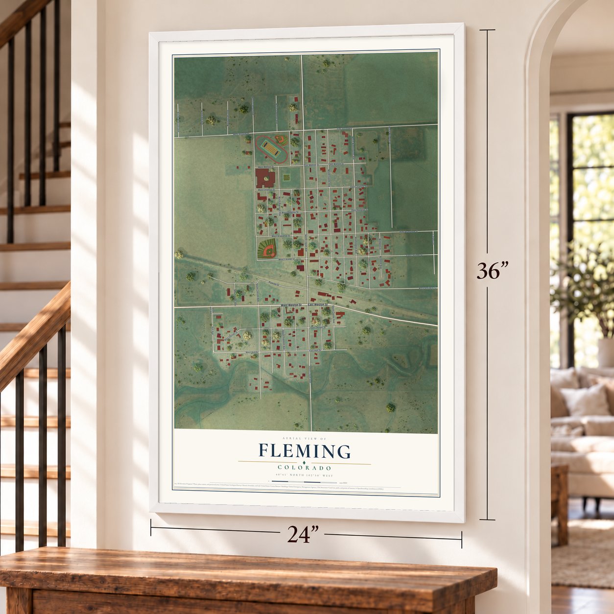 Fleming, Colorado map, 24 x 36 inch print in a white frame by a staircase
