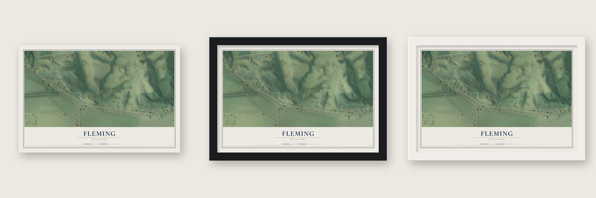 Fleming, Missouri map unframed, in a black wood frame and in a white wood frame