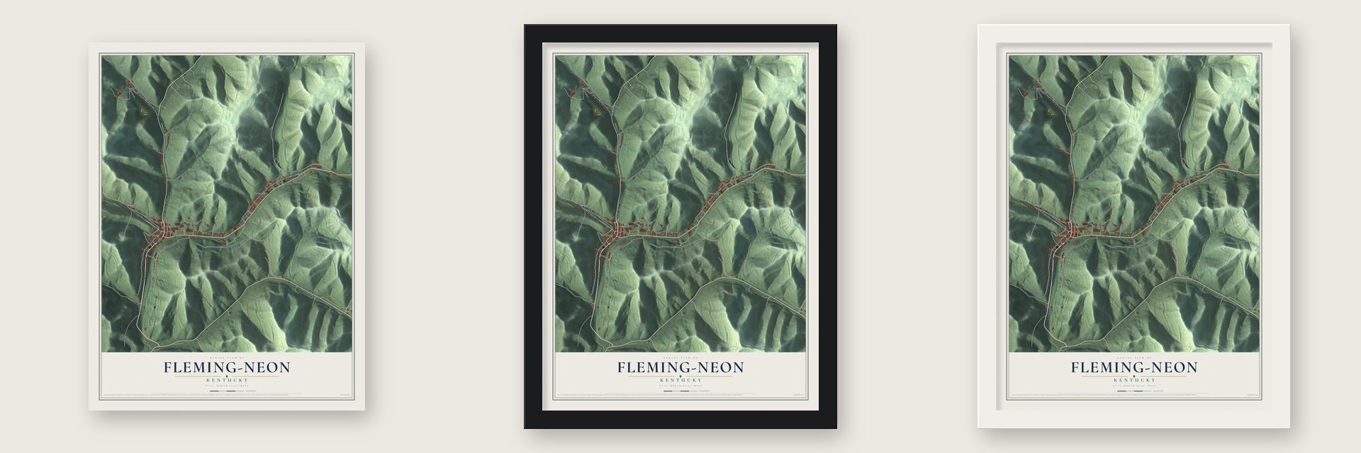Fleming-Neon, Kentucky map unframed, in a black wood frame and in a white wood frame