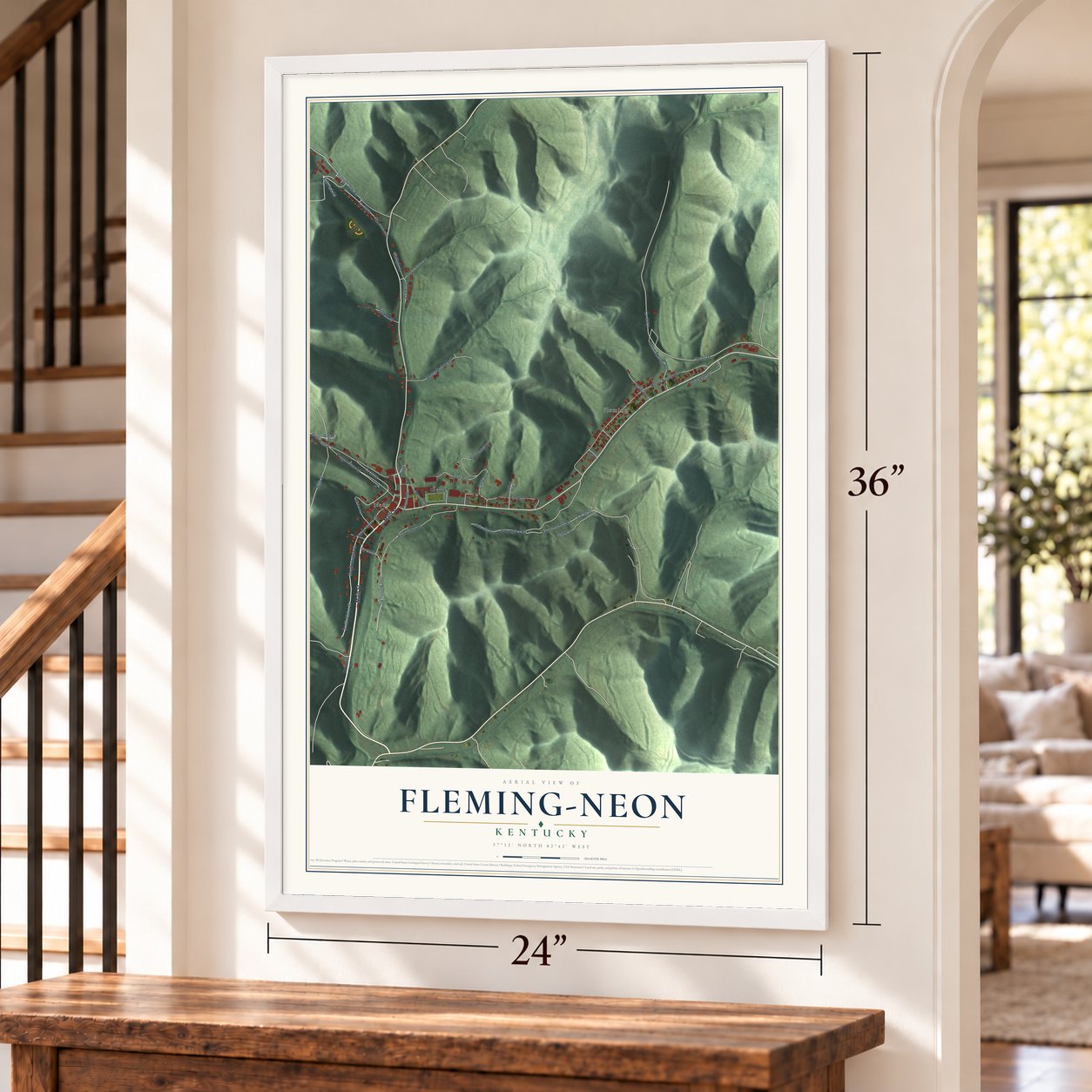 Fleming-Neon, Kentucky map, 24 x 36 inch print in a white frame by a staircase