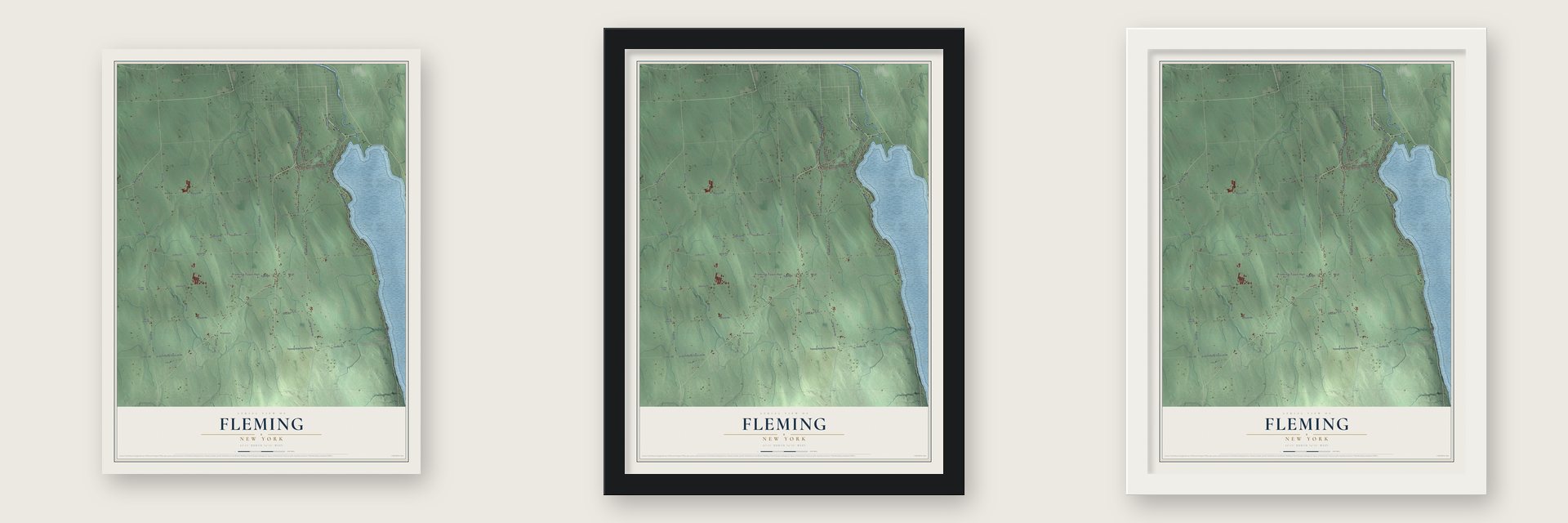 Fleming, New York map unframed, in a black wood frame and in a white wood frame