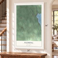 Fleming, New York map, 24 x 36 inch print in a white frame by a staircase