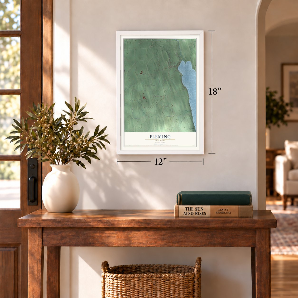 Fleming, New York map, 12 x 18 inch print in a white frame in an entryway