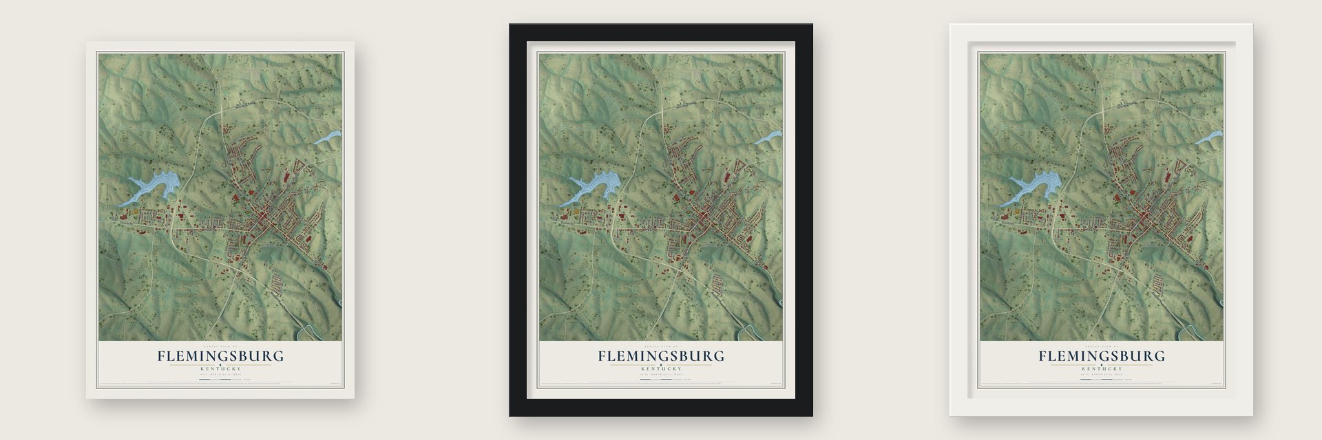 Flemingsburg, Kentucky map unframed, in a black wood frame and in a white wood frame