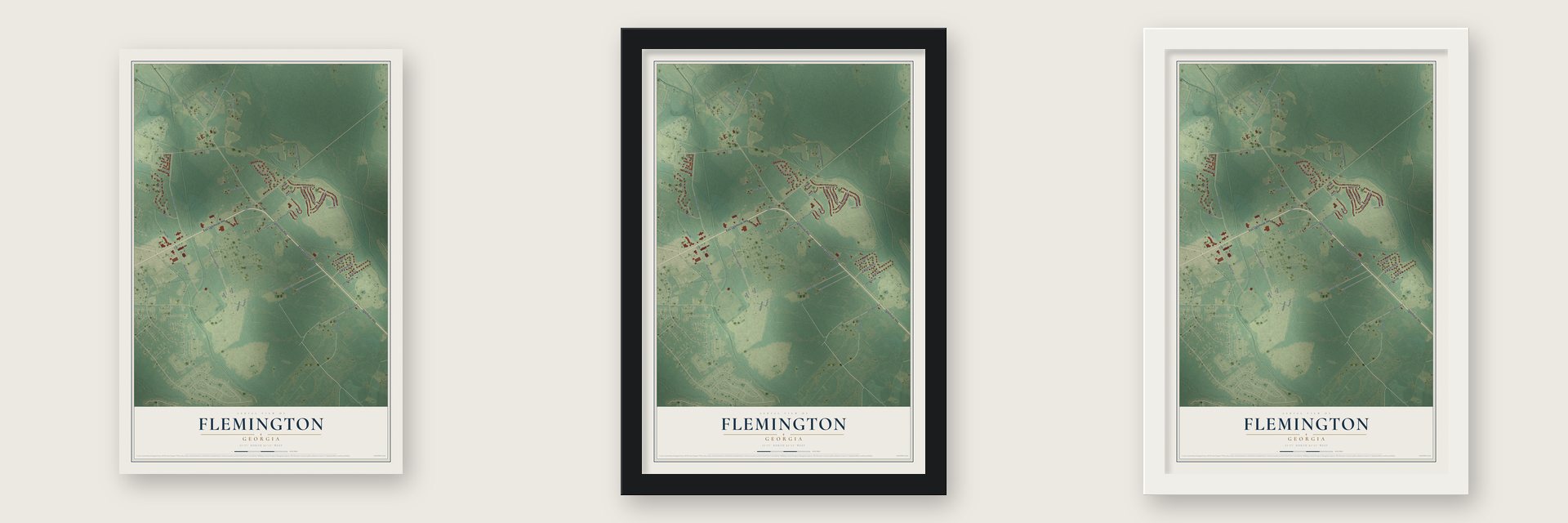 Flemington, Georgia map unframed, in a black wood frame and in a white wood frame