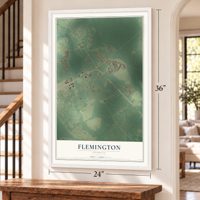 Flemington, Georgia map, 24 x 36 inch print in a white frame by a staircase