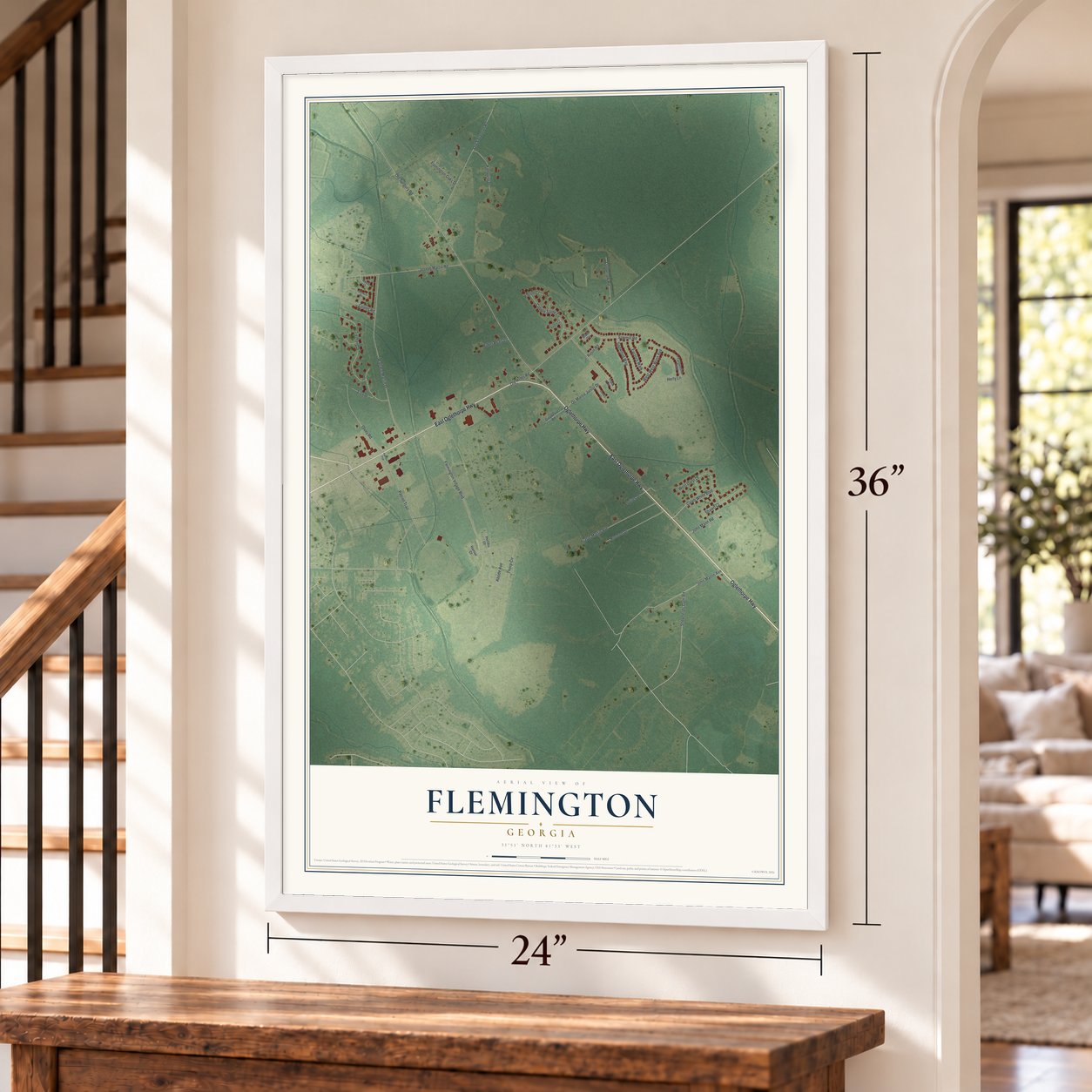 Flemington, Georgia map, 24 x 36 inch print in a white frame by a staircase