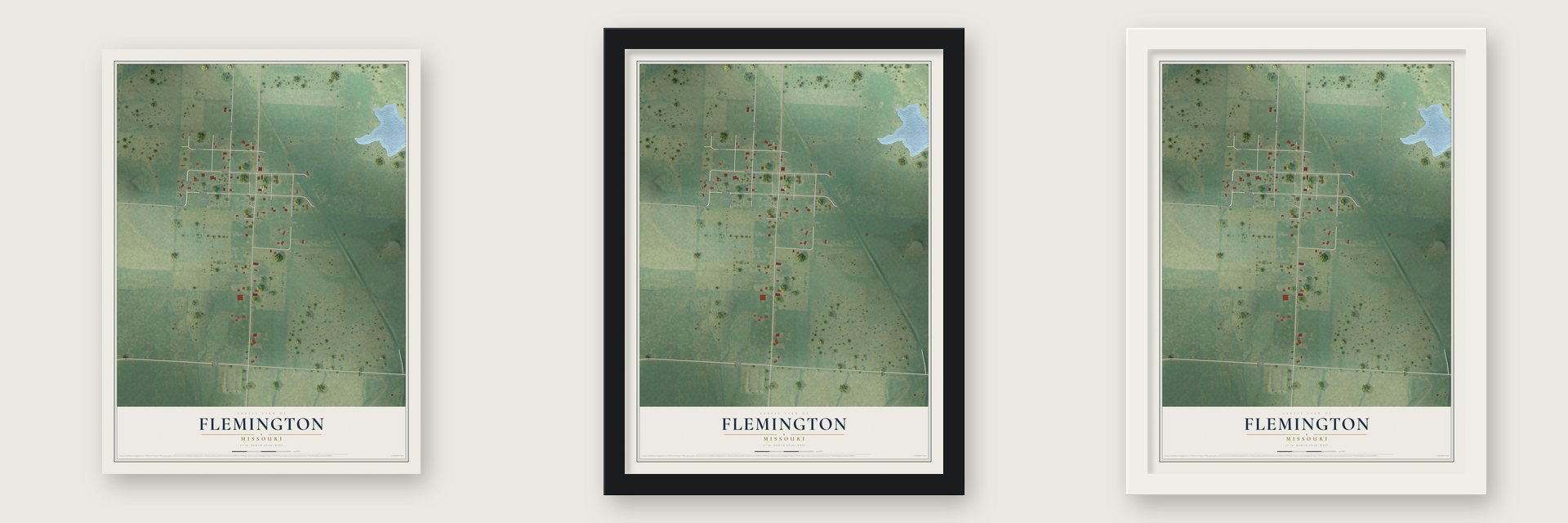 Flemington, Missouri map unframed, in a black wood frame and in a white wood frame
