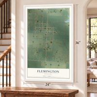 Flemington, Missouri map, 24 x 36 inch print in a white frame by a staircase