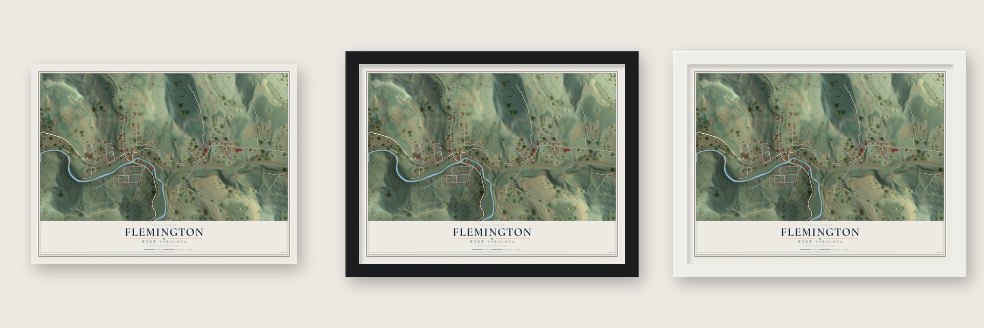 Flemington, West Virginia map unframed, in a black wood frame and in a white wood frame