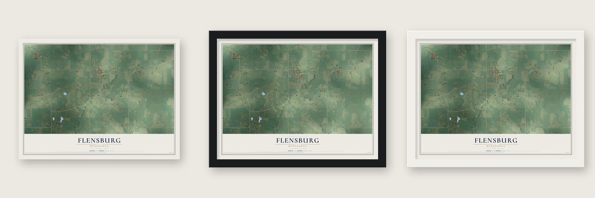 Flensburg, Minnesota map unframed, in a black wood frame and in a white wood frame