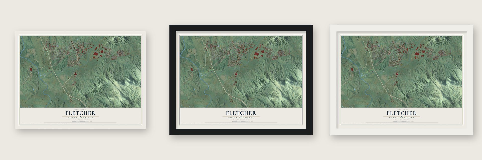 Fletcher, North Carolina map unframed, in a black wood frame and in a white wood frame