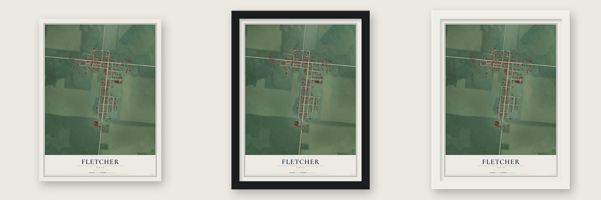 Fletcher, Ohio map unframed, in a black wood frame and in a white wood frame