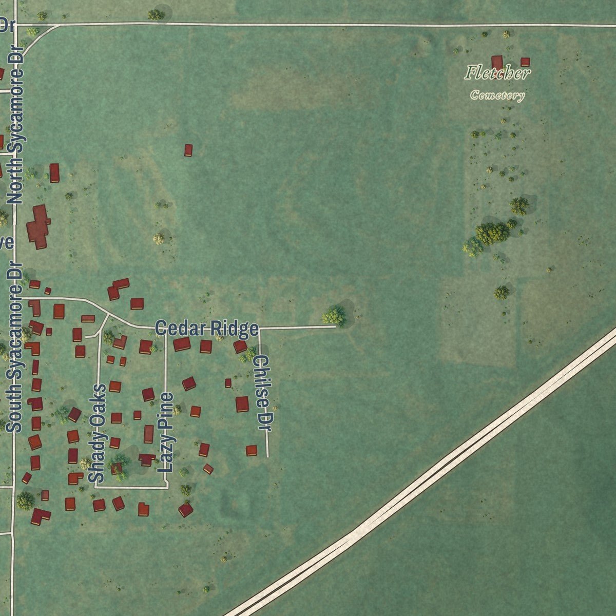 Second close-up of the map of Fletcher, Oklahoma print showing more streets and buildings